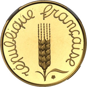Fifth Republic (1958 to present). Piéfort de 5 centimes Épi en Or, Flan bruni (PROOF) 1961, Paris.