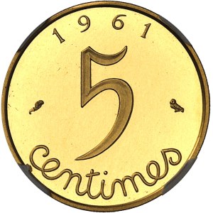 Ve République (1958 à nos jours). Piéfort de 5 centimes Épi en Or, Flan bruni (PROOF) 1961, Paris.