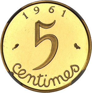 Fifth Republic (1958 to present). Piéfort de 5 centimes Épi en Or, Flan bruni (PROOF) 1961, Paris.