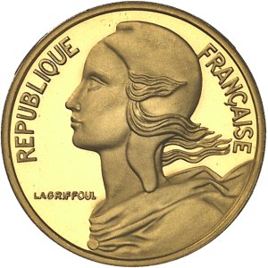 Ve République (1958 à nos jours). Piéfort de 5 centimes Marianne en or, Flan bruni (PROOF) 1974, Pessac.