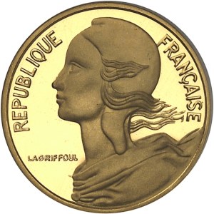 Ve République (1958 à nos jours). Piéfort de 5 centimes Marianne en or, Flan bruni (PROOF) 1976, Pessac.