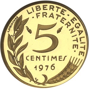 Ve République (1958 à nos jours). Piéfort de 5 centimes Marianne en or, Flan bruni (PROOF) 1976, Pessac.