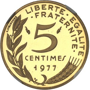 Ve République (1958 à nos jours). Piéfort de 5 centimes Marianne en or, Flan bruni (PROOF) 1977, Pessac.