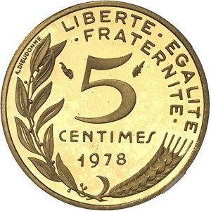 Ve République (1958 à nos jours). Piéfort de 5 centimes Marianne en or, Flan bruni (PROOF) 1978, Pessac.