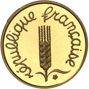 Ve République (1958 à nos jours). Piéfort de 1 centime Épi en Or, Flan bruni (PROOF) 1962, Paris.