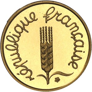 Fifth Republic (1958 to present). Piéfort de 1 centime Épi en Or, Flan bruni (PROOF) 1962, Paris.