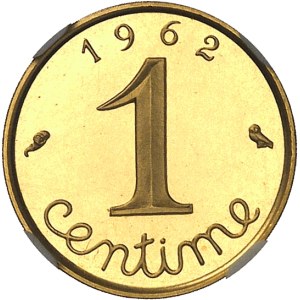 Ve République (1958 à nos jours). Piéfort de 1 centime Épi en Or, Flan bruni (PROOF) 1962, Paris.