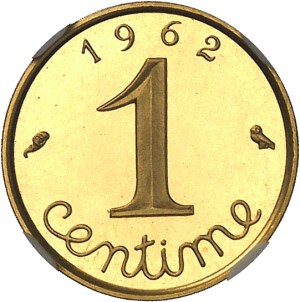 Fifth Republic (1958 to present). Piéfort de 1 centime Épi en Or, Flan bruni (PROOF) 1962, Paris.