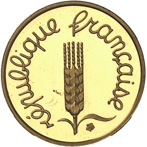 Ve République (1958 à nos jours). Piéfort de 1 centime Épi en Or, Flan bruni (PROOF) 1962, Paris.