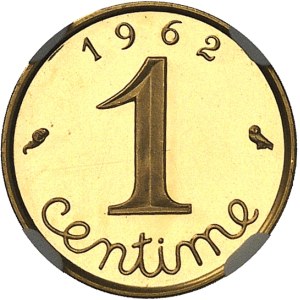 Ve République (1958 à nos jours). Piéfort de 1 centime Épi en Or, Flan bruni (PROOF) 1962, Paris.