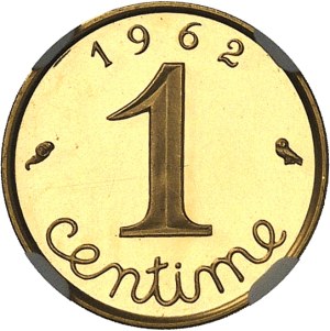 Fifth Republic (1958 to present). Piéfort de 1 centime Épi en Or, Flan bruni (PROOF) 1962, Paris.