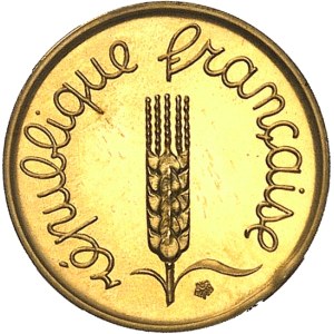 Ve République (1958 à nos jours). Piéfort de 1 centime Épi en Or, Flan bruni (PROOF) 1974, Paris.