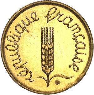 Fifth Republic (1958 to present). Piéfort de 1 centime Épi en Or, Flan bruni (PROOF) 1974, Paris.