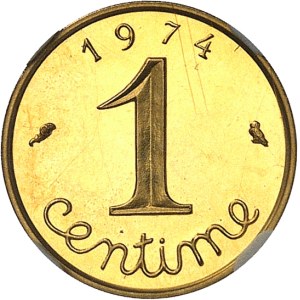 Ve République (1958 à nos jours). Piéfort de 1 centime Épi en Or, Flan bruni (PROOF) 1974, Paris.