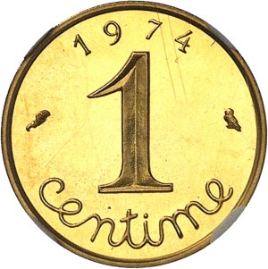 Fifth Republic (1958 to present). Piéfort de 1 centime Épi en Or, Flan bruni (PROOF) 1974, Paris.