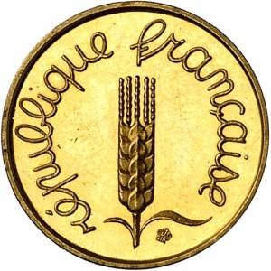 Ve République (1958 à nos jours). Piéfort de 1 centime Épi en Or, Flan bruni (PROOF) 1974, Paris.