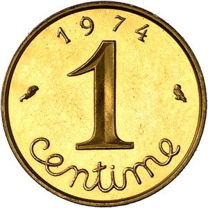 Ve République (1958 à nos jours). Piéfort de 1 centime Épi en Or, Flan bruni (PROOF) 1974, Paris.