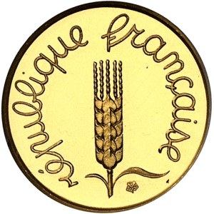 Ve République (1958 à nos jours). Piéfort de 1 centime Épi en Or, Flan bruni (PROOF) 1976, Pessac.