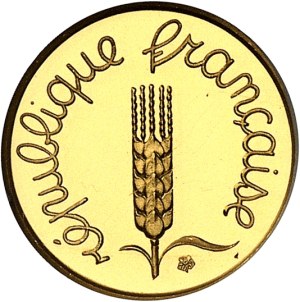 Fifth Republic (1958 to present). Piéfort de 1 centime Épi en Or, Flan bruni (PROOF) 1976, Pessac.