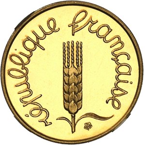 Ve République (1958 à nos jours). Piéfort de 1 centime Épi en Or, Flan bruni (PROOF) 1977, Pessac.