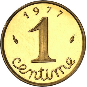 Ve République (1958 à nos jours). Piéfort de 1 centime Épi en Or, Flan bruni (PROOF) 1977, Pessac.