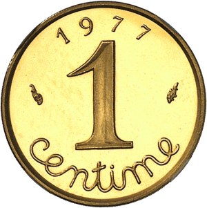 Fifth Republic (1958 to present). Piéfort de 1 centime Épi en Or, Flan bruni (PROOF) 1977, Pessac.