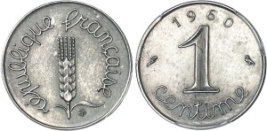 Fifth Republic (1958 to present). Preseries of 1 centime on matt flan and 5 centimes with narrow listels, large modules 1960, Paris.