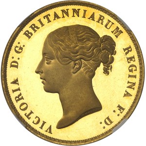 Victoria (1837-1901). 5 livres (5 pounds) “Una and the lion”, bandeaux à 6 rouleaux et 11 feuilles, Flan bruni (PROOF) 1839, Londres.