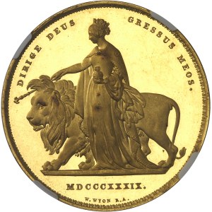 Victoria (1837-1901). 5 livres (5 pounds) “Una and the lion”, bandeaux à 6 rouleaux et 11 feuilles, Flan bruni (PROOF) 1839, Londres.