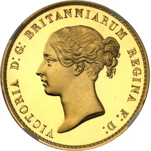 Victoria (1837-1901). 5 livres (5 pounds) “Una and the lion”, bandeaux à 6 rouleaux et 11 feuilles, Flan bruni (PROOF) 1839, Londres.