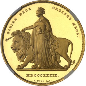 Victoria (1837-1901). 5 livres (5 pounds) “Una and the lion”, bandeaux à 6 rouleaux et 11 feuilles, Flan bruni (PROOF) 1839, Londres.