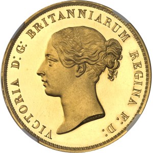Victoria (1837-1901). 5 livres (5 pounds) “Una and the lion”, bandeaux à 6 rouleaux et 11 feuilles, Flan bruni (PROOF) 1839, Londres.