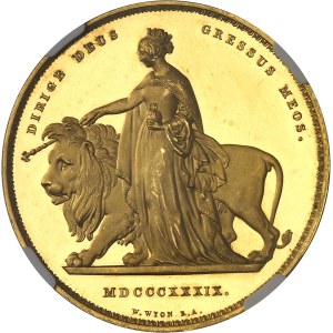 Victoria (1837-1901). 5 livres (5 pounds) “Una and the lion”, bandeaux à 6 rouleaux et 11 feuilles, Flan bruni (PROOF) 1839, Londres.