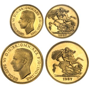 Georges VI (1936-1952). Coffret Specimen coins, avec 1/2 souverain, 1 souverain, 2 livres et 5 livres, Flans brunis (PROOF) 1937, Londres.