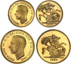 George VI (1936-1952). Specimen corner box, with 1/2 sovereign, 1 sovereign, 2 pounds and 5 pounds, browned blanks (PROOF) 1937, London.
