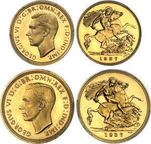 George VI (1936-1952). Specimen corner box, with 1/2 sovereign, 1 sovereign, 2 pounds and 5 pounds, browned blanks (PROOF) 1937, London.
