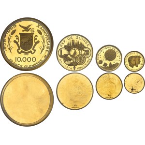 République de Guinée (depuis 1958). Coffret de 8 essais unifaces de 10000, 5000, 2000, 1000, 500, 250, 200 et 100 francs guinéens, Frappes spéciales (SP) 1970, Arezzo (L. Gori et C. Zucchi).
