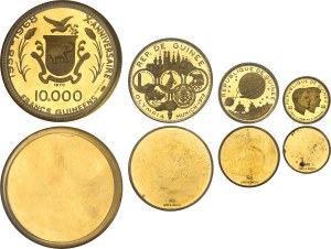 Republic of Guinea (since 1958). Boxed set of 8 single-issue essays of 10000, 5000, 2000, 1000, 500, 250, 200 and 100 Guinean francs, Frappes spéciales (SP) 1970, Arezzo (L. Gori and C. Zucchi).