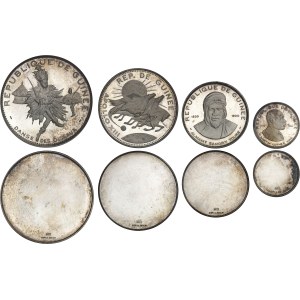 République de Guinée (depuis 1958). Coffret de 8 essais unifaces de 10000, 5000, 2000, 1000, 500, 250, 200 et 100 francs guinéens, Frappes spéciales (SP) 1970, Arezzo (L. Gori et C. Zucchi).