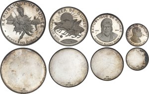 Republic of Guinea (since 1958). Boxed set of 8 single-issue essays of 10000, 5000, 2000, 1000, 500, 250, 200 and 100 Guinean francs, Frappes spéciales (SP) 1970, Arezzo (L. Gori and C. Zucchi).