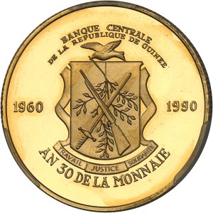 Republic of Guinea (since 1958). 100.000 Gold francs, 30th anniversary of the Guinean Franc, Flan bruni (PROOF) 1990.