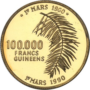Republic of Guinea (since 1958). 100.000 Gold francs, 30th anniversary of the Guinean Franc, Flan bruni (PROOF) 1990.