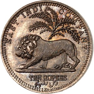 Victoria (1837-1901). Essai fantaisie uniface de 10 roupies (ten rupees), en cuivre ND (1854 ?), Calcutta ?