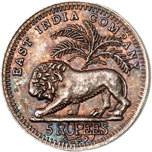 Victoria (1837-1901). Essai fantaisie uniface de 5 roupies (5 rupees), en argent ND (1854 ?), Calcutta ?