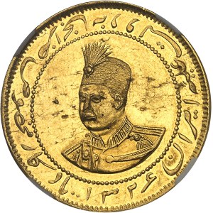 Mohammad Ali Chah Qadjar (1907-1909). Médaille d’Or au module de 5 tomans, visite du Shah à la Monnaie de Téhéran AH 1326 (1908), Téhéran.