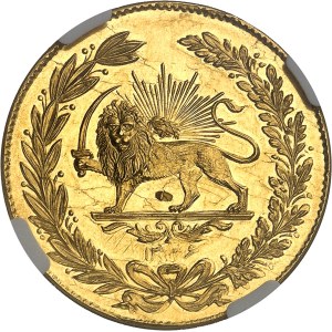 Mohammad Ali Chah Qadjar (1907-1909). Médaille d’Or au module de 5 tomans, visite du Shah à la Monnaie de Téhéran AH 1326 (1908), Téhéran.