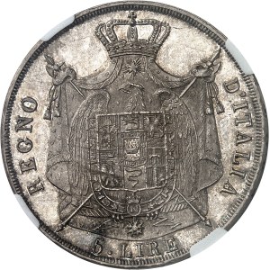 Milan, royaume d’Italie, Napoléon Ier (1805-1814). 5 lire, 2e type avec tranche en creux 1814, M, Milan.