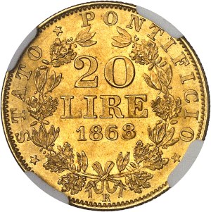 Vatican, Pius IX (1846-1878). 20 lire 1868 - Year XXII, R, Rome.