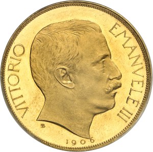 Victor-Emmanuel III (1900-1946). Trial of 100 gold lire with quadriga of lions by S. Johnson, Special Strike (SP) 1906, Milan (Johnson).