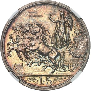 Victor-Emmanuel III (1900-1946). Essai de 5 lire au quadrige par D. Calandra 1914, R, Rome.